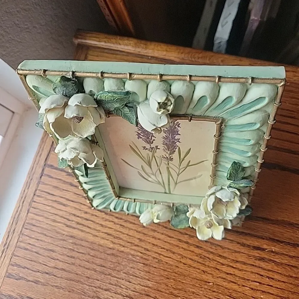 Vtg Ganz 3D Mint Green photo frame Magnolia Flowers Resin Rare Green Academia